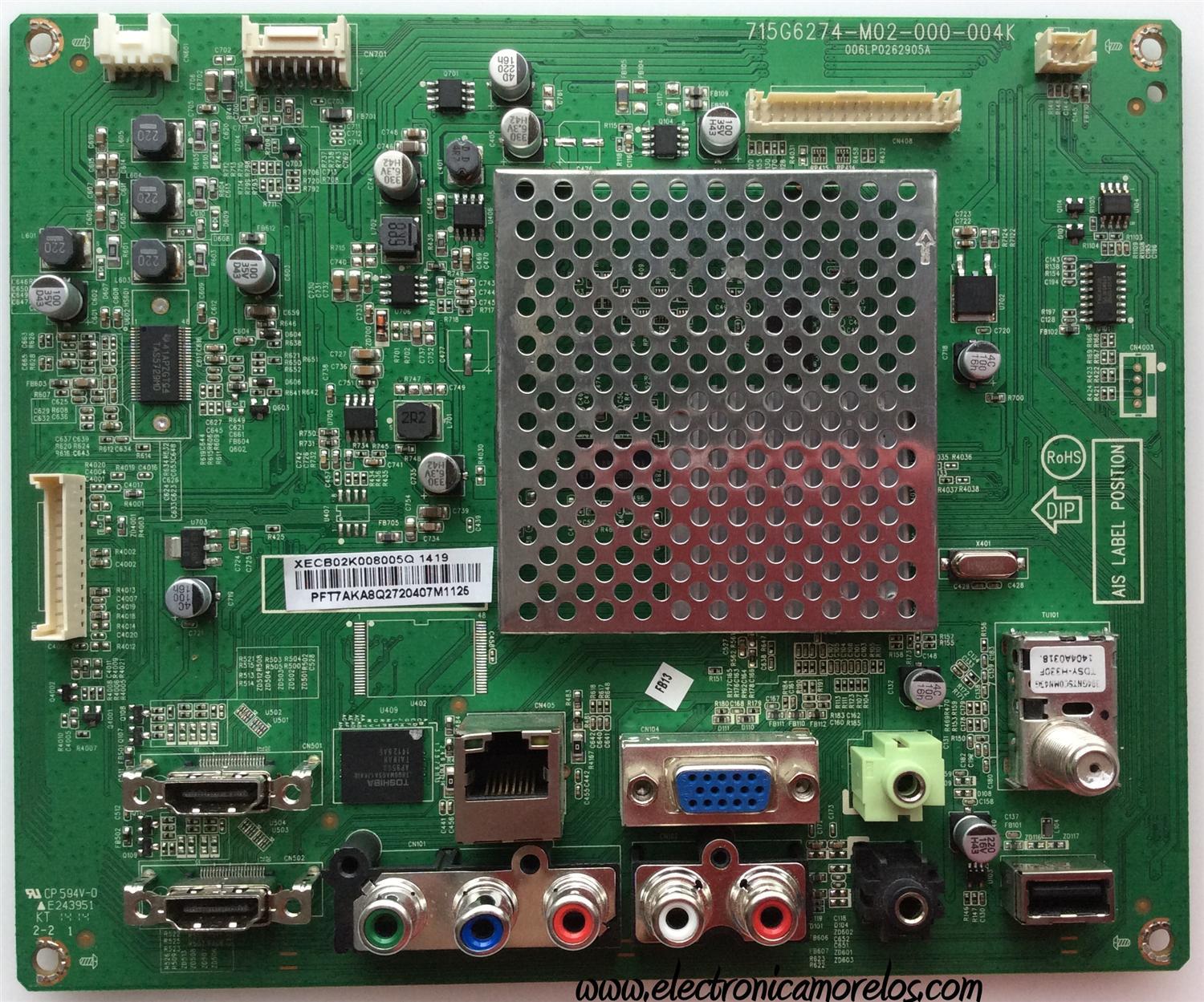 MAIN PARA TV VIZIO / NUMERO DE PARTE XECB02K008 / 715G6274-M02-000-004K / 756TXECB02K008 / 006LP0262905A / PANEL TPT275B5-A014 REV:S11D / MODELOS E280i-B1 LTT3PREQ / E280i-B1 LTT3PRCQ