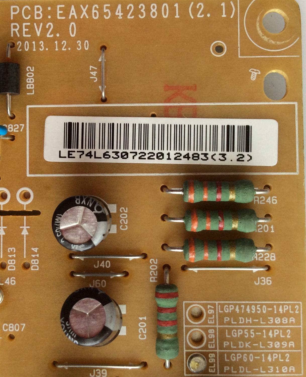 FUENTE LG EAY63072201 / EAX65423801 (2.1) / LGP60-14PL2 / SUSTITUTAS EAY63072001 / EAY63072101 / PANEL LC600DUF (FG)(A2) / MODELOS 55LB5900-UV / 60LB5830-UV / 60LB6100-UG / 60LB6300-US / 60LB6500-UP / 60LY340C-UA / 60LF6090-UB / 60LF6100-UA / 60LX330C-UA - Imagen 3