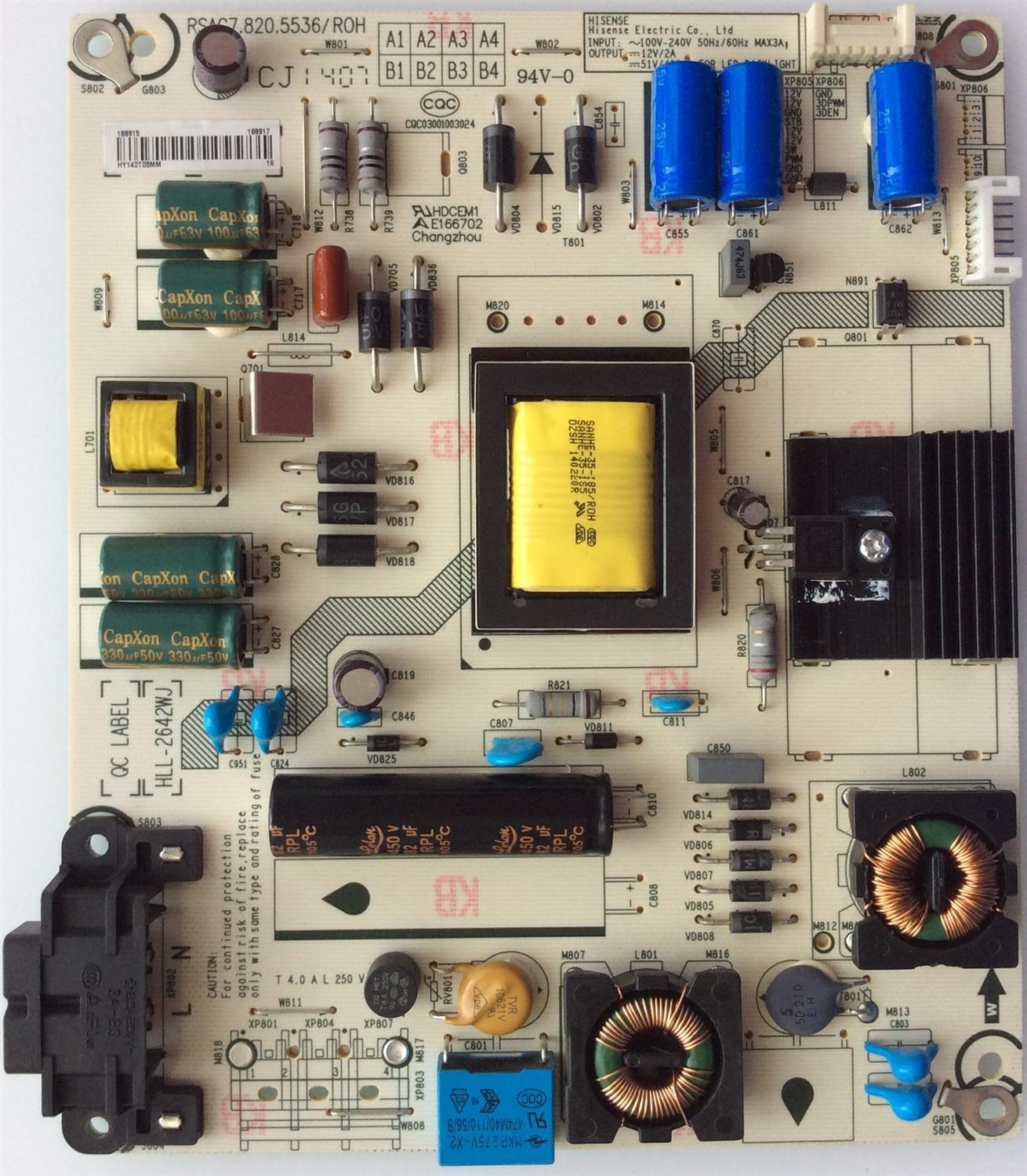 FUENTE DE PODER PARA TV HISENSE / NUMERO DE PARTE 168915 / RSAG7.820.5536/ROH / HLL-2642W / CQC03001003024 / E166702 / PARTE SUSTITTUTA 168917 / PANEL HD315DH-F11/S1 / MODELOS 32K20D / 32K21D