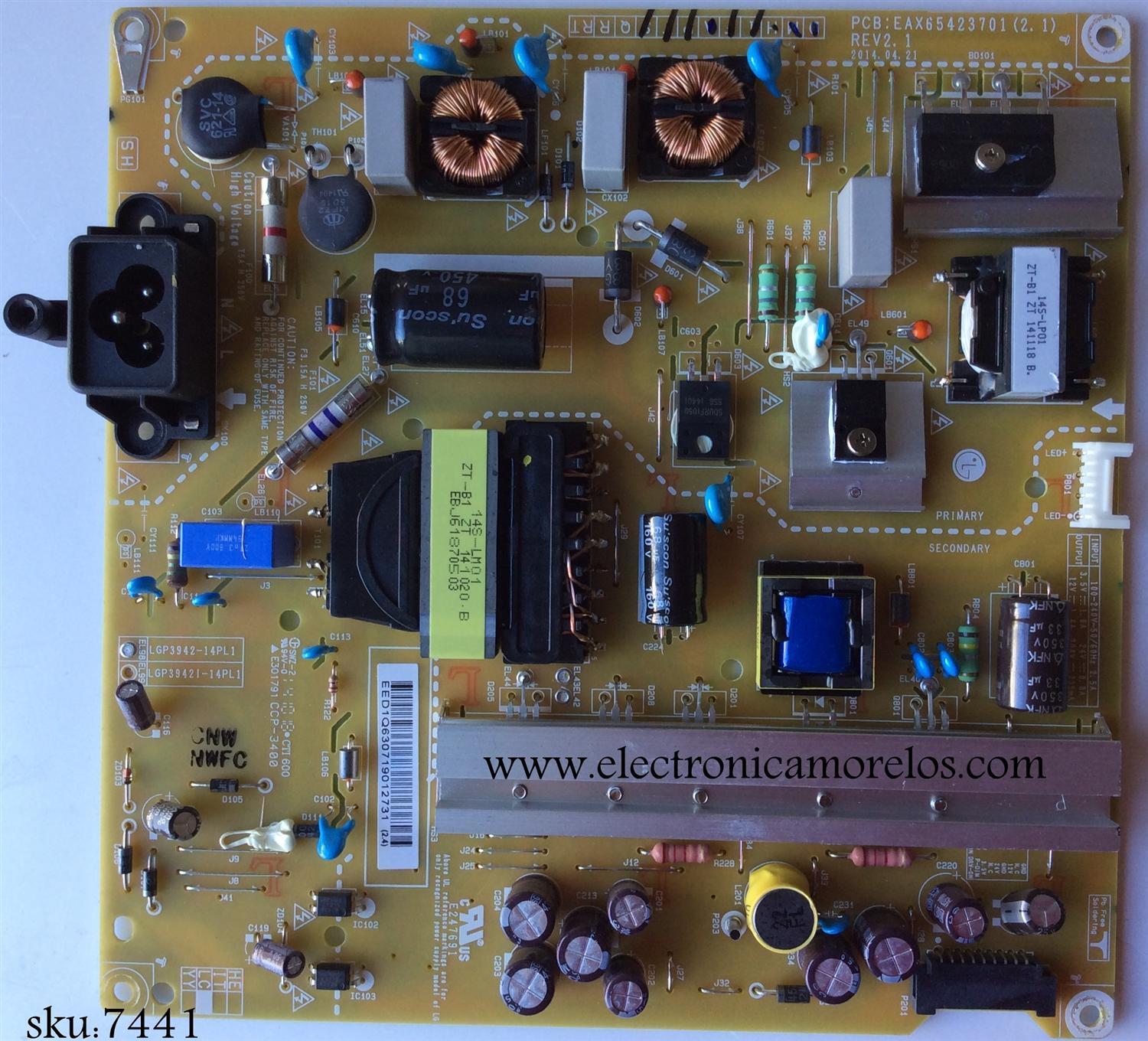 FUENTE DE PODER PARA TV LG / NUMERO DE PARTE EAY63071901 / EAX65423701 / LGP3942-14PL1 / 63071901 / PLDF-L307A / PANEL LC420DUE (MG)(AQ) / MODELOS 37LY570H-UA / 42LY340C-UA / 42LB5600-UZ / 42LB5600-UH / 42LF5800-UA / 42LB5800-UG / 42LB6300-UQ