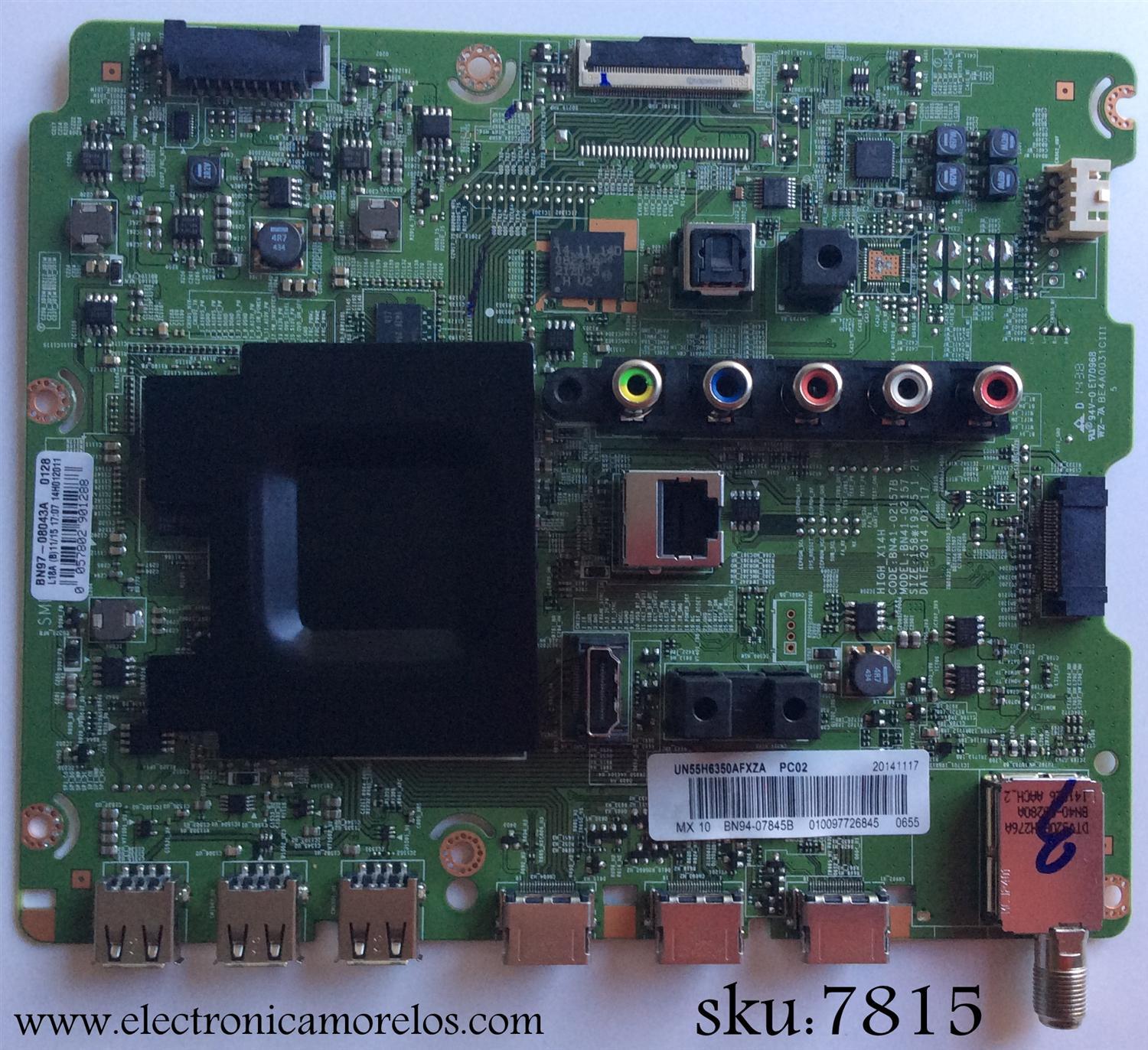 MAIN PARA TV SAMSUNG / NUMERO DE PARTE BN94-07845B / BN41-02157B / BN97-08043A / BN9407845B / PANEL CY-GH055CSLV8H / MODELO UN55H6350 / UN55H6350AFXZA UH02