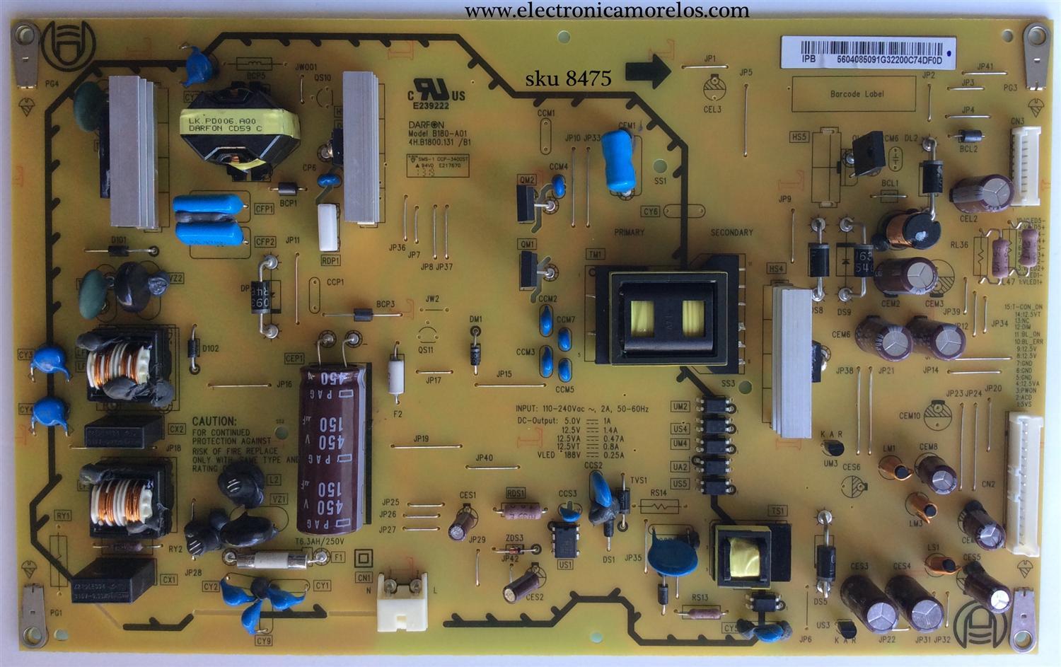 FUENTE DE PODER / SONY 1-895-468-11 / 5604085091 / 56.04085.091 / B180-A01 / 4H.B1800.131/B1 / MODELO KDL-50R450A	
