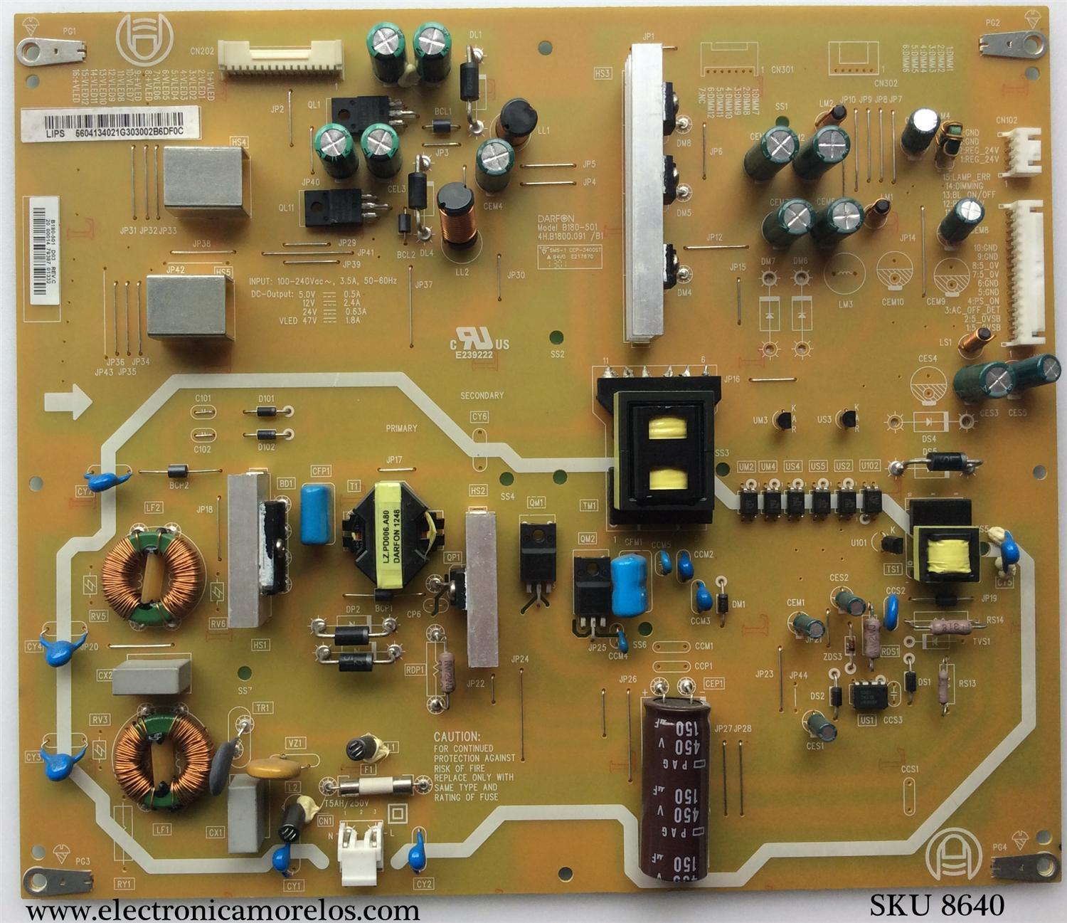 FUENTE DE PODER / VIZIO 56.04134.021 / 5604134021 / 4H.B1800.091/B1 / B180-501 / MODELO E551I-A2 / E551I-A2 LWJAOBAP