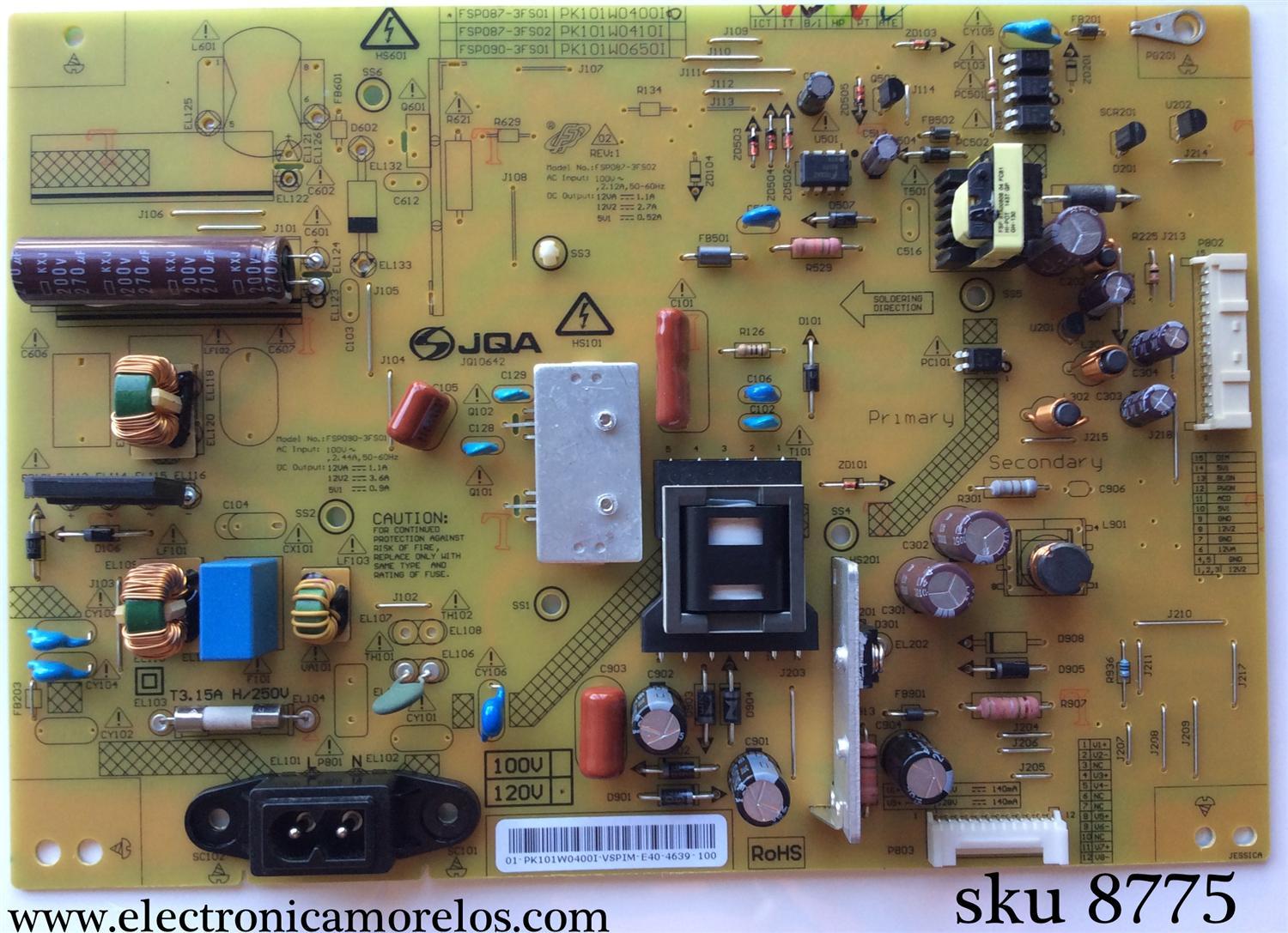 FUENTE DE PODER / TOSHIBA 75037667 / PK101W0400I / FSP087-3FS01 / MODELO 40L3400U	