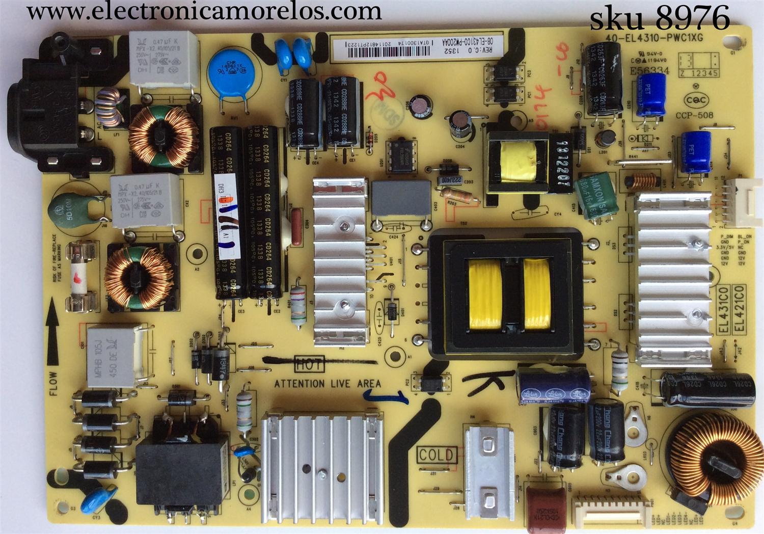 FUENTE DE PODER PARA TV TCL 08-EL431C0-PW200AA / 40-EL4310-PWC1XG / EL431C0 / PANEL LVF480ND2L MODELO 48FS4690TAAA