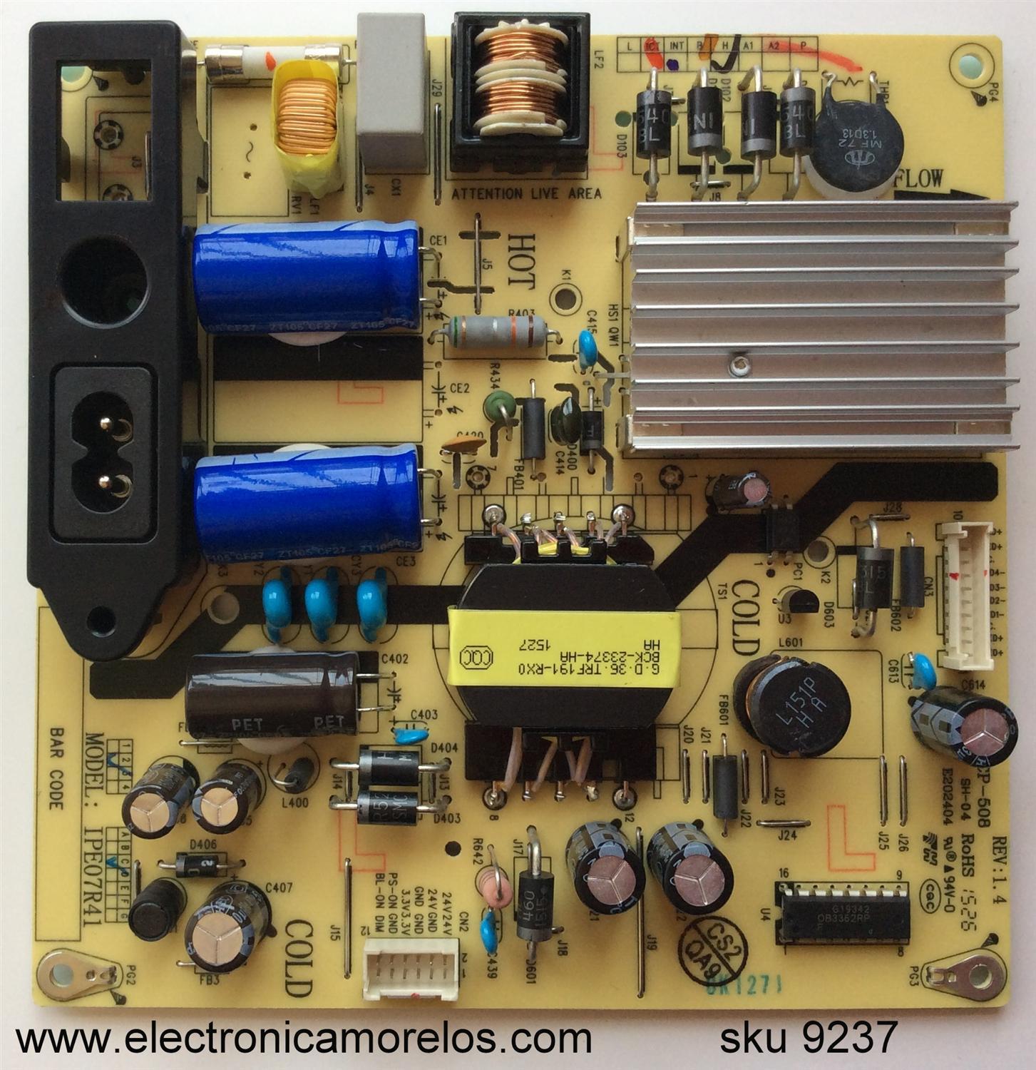 FUENTE DE PODER / TCL 81-PBE040-G92 / CCP-508 / IPE07R41 / IPE07R21C / E202404 / MODELO 40FD2700	