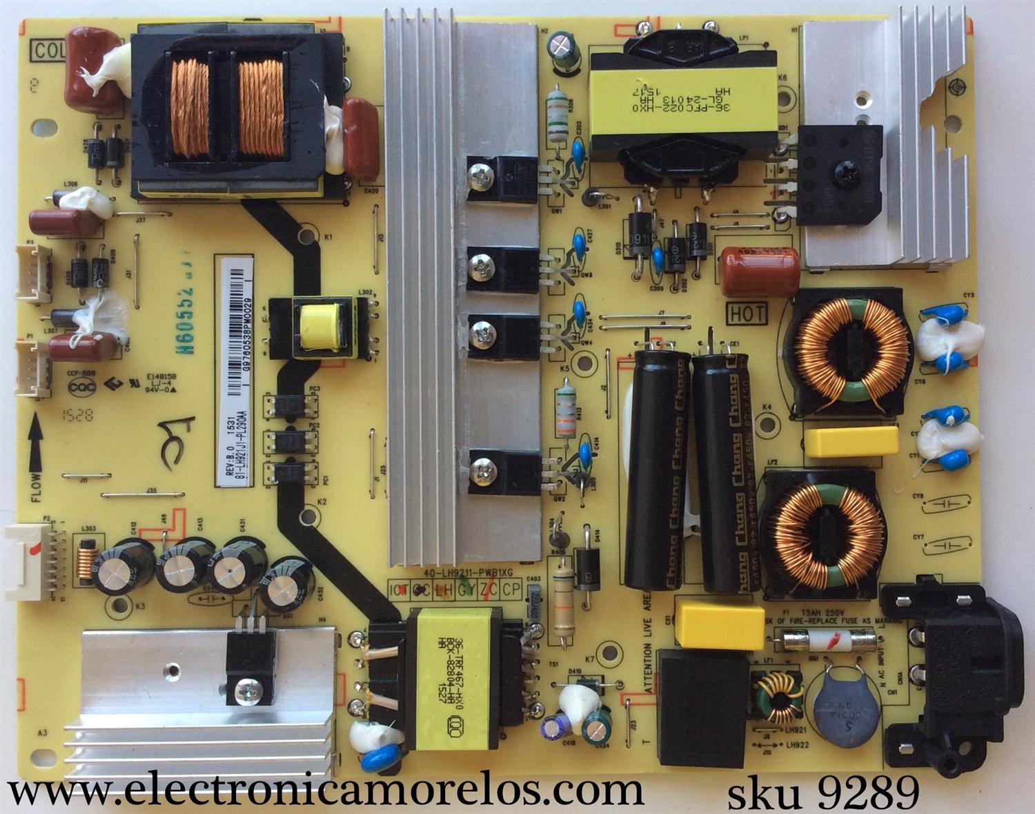 FUENTE DE PODER / TOSHIBA  81-LH921J1-PL290AA / 81-LH921J1-PL290AA / 40-LH9211-PWB1XG / MODELO L50E5800US 