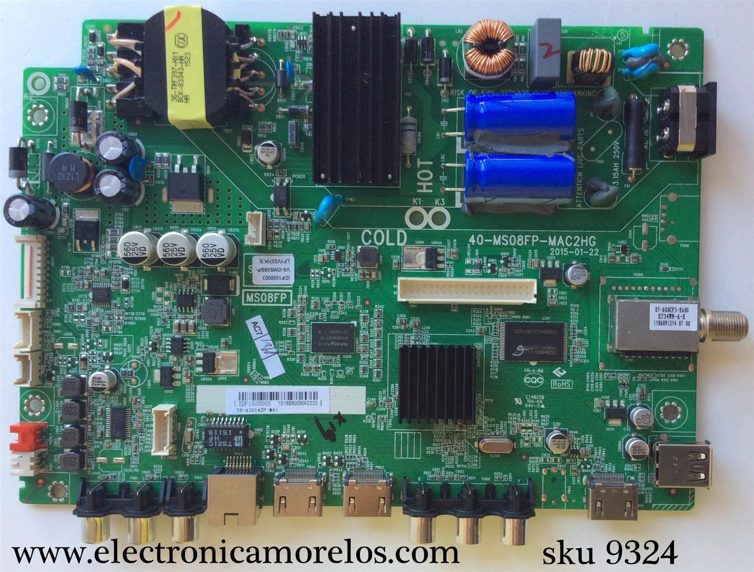 MAIN FUENTE (COMBO) PARA TV TCL / NUMERO DE PARTE T8-43D14ZF-MA1 / IDF1500003 / V8-0MS08SP-LF1V027(K3) / MS08FP / 40-MS08FP-MAC2HG