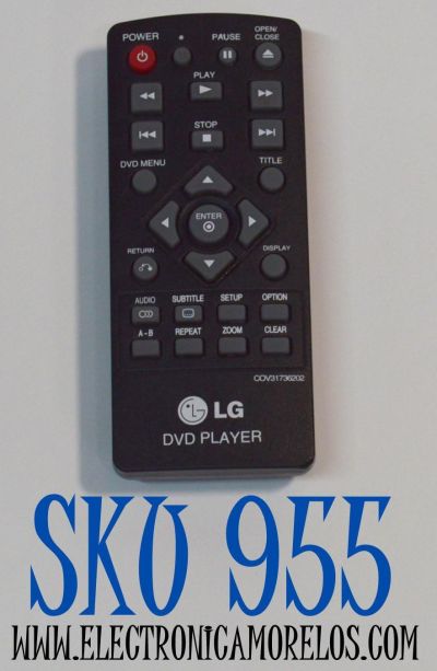 CONTROL REMOTO ORIGINAL PARA REPRODUCTOR DE DVD LG / NUMERO DE PARTE COV31736202 / HG-LG1-D2 / MODELO DP132 / DP132NU / DP132H / DP132-H / DP122 / DP123 / DV356 / DV497H / DV697H / COMPATIBLE CON VARIOS MODELOS DE REPRODUCTORES DVD LG
